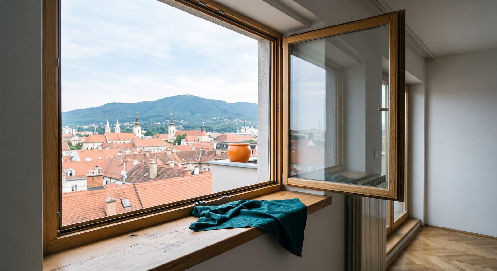 Čist prozor s pogledom na zagrebačke krovove i Sljeme, pranje prozora Zagreb